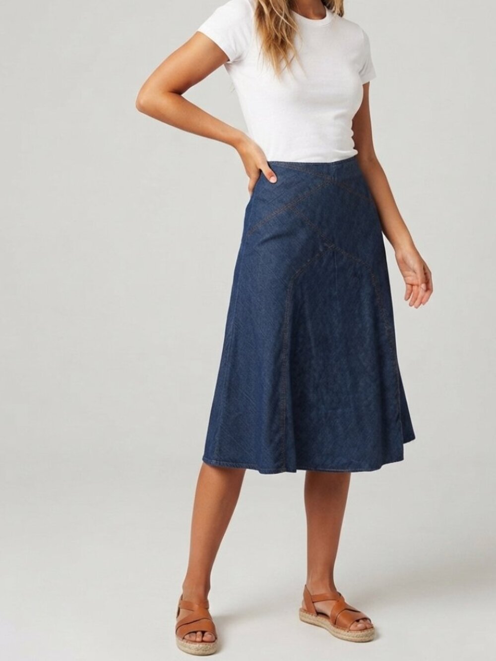 Lauren Ralph Lauren Dark Blue A-Line Denim Midi Skirt Size 8 39535 - Picture 1 of 12
